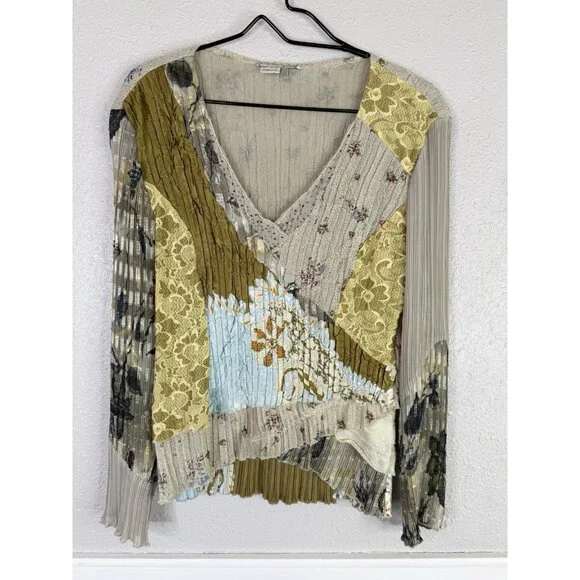 Vtg Y2K Alberto Makali Pleated Top Sz L Sequin Floral Lace Patchwork Fairy Artsy - Picture 1 of 10